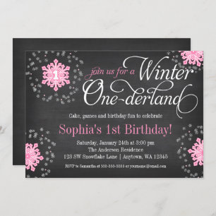 Invitation Hiver rose Onederland de tableau de flocons de
