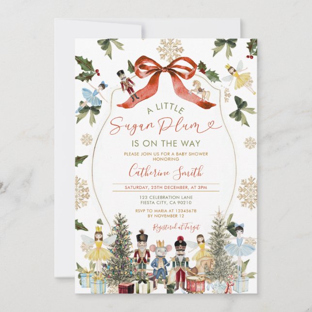 Invitation Hiver Rouge Bow Nutcracker Ballet Baby shower neig (Devant)
