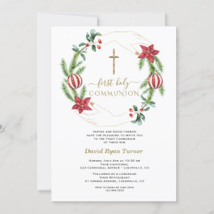 Invitation Hiver Rouge Floral Vert Or Première Communion Sain