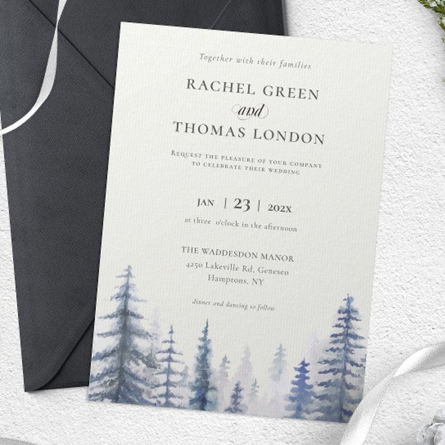 Invitation Hiver Russe Aquarelle Pine arbres mariage (Winter Rustic Watercolor Pine trees wedding Invitation)