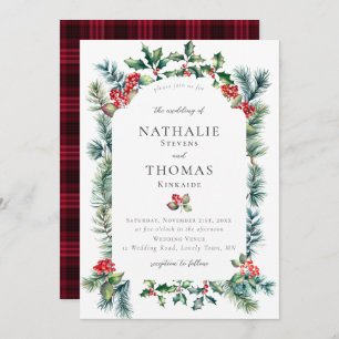 Invitation Hiver Rustique Botanique Berry Pine Plaid Mariage