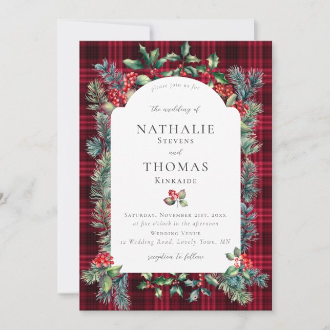 Invitation Hiver Rustique Botanique Rouge Berries Plaid Maria (Devant)