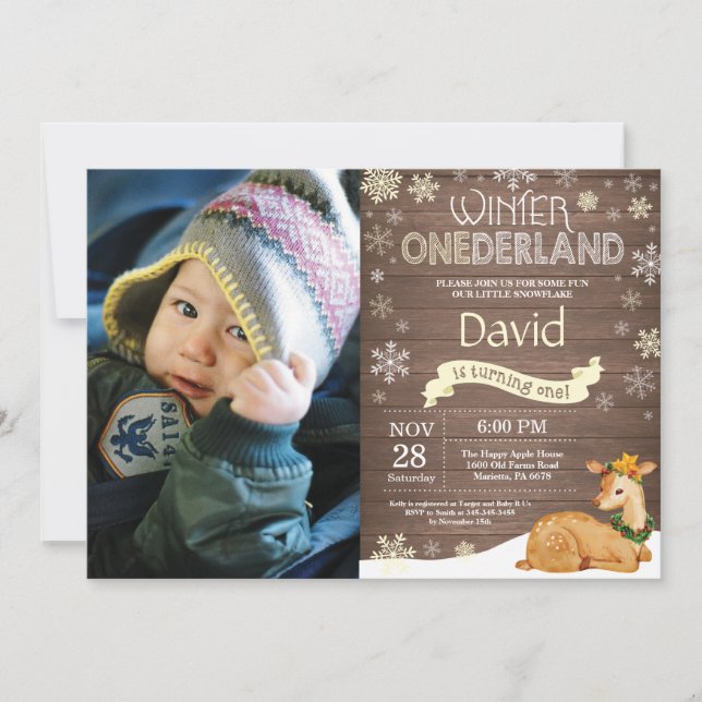 Invitation Hiver rustique Onederland Cerf 1er Anniversaire (Devant)