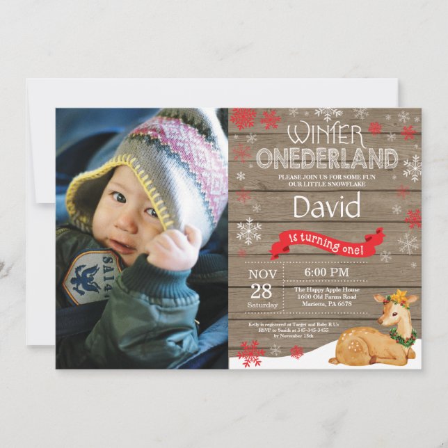 Invitation Hiver rustique Onederland Cerf 1er Anniversaire (Devant)
