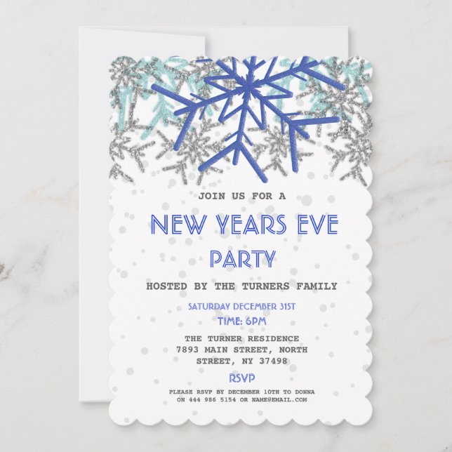 Invitation Hiver Silver Blue Snowflake NOUVELLES ANNÉES FÊTE  (Devant)