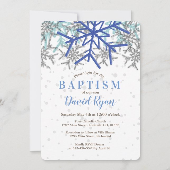 Invitation Hiver Silver Navy Blue Snowflake Baptism Invitatio (Devant)