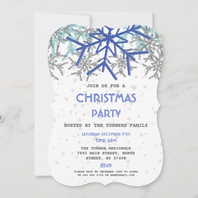 Invitation Hiver Silver Navy Blue Snowflake Fête NOËL (Devant)