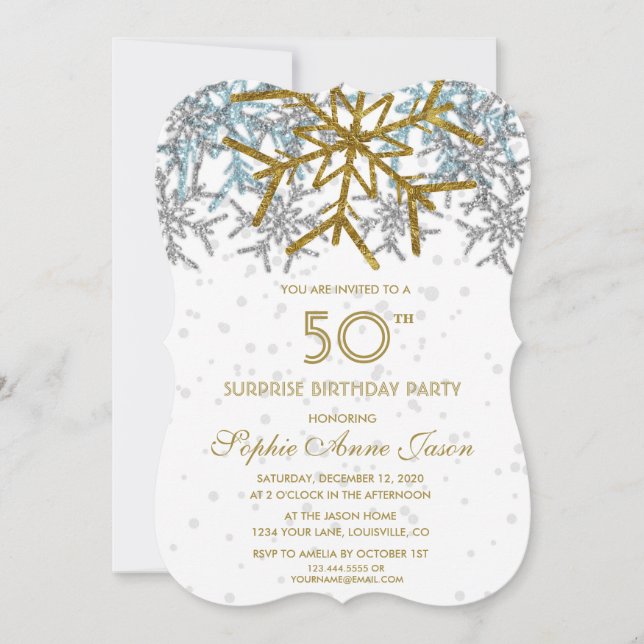 Invitation Hiver Silver Rose Blue Snowflakes 50e anniversaire (Devant)