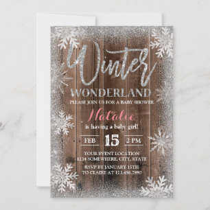 Invitation Hiver Silver Snowflakes Barre Baby shower en bois