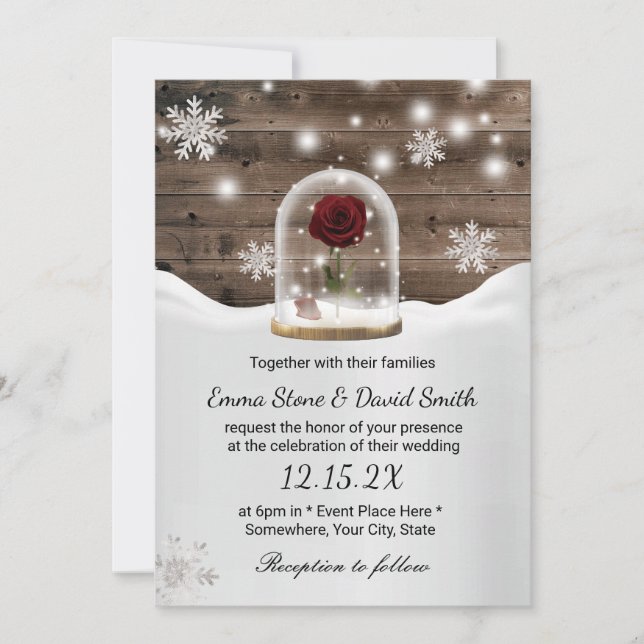 Invitation Hiver Snowflakes Beauté Rose Dome Mariage (Devant)