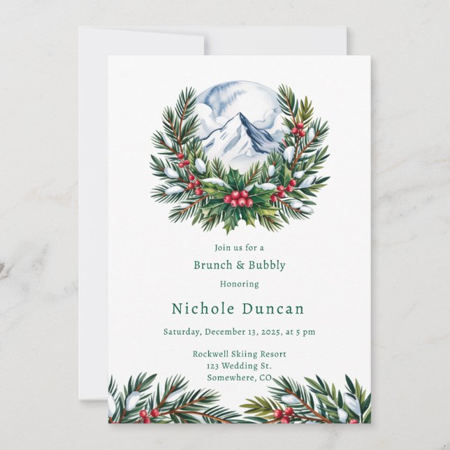 Invitation Hiver Snowy Pine Wreath Brunch & Bubbly (Devant)