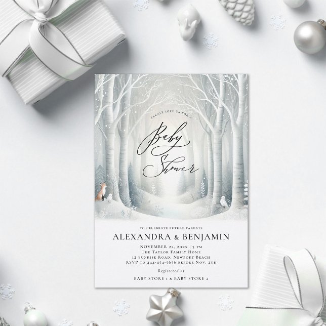 Invitation Hiver Sunrise Forest Fox Coed Neutral Baby shower (winter baby shower invitation neutral white wonderland enchanted forest woodland fox bird cute coed )