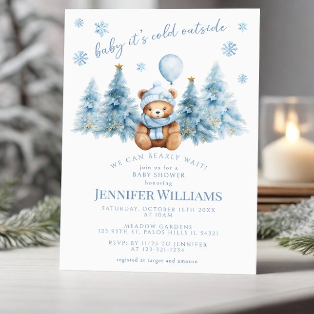 Invitation Hiver Teddy Bear Pine Snowflakes Bébé Fille Douche (Créateur téléchargé)
