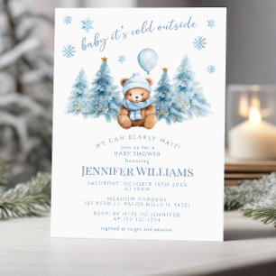 Invitation Hiver Teddy Bear Pine Trees Baby Boy Douche