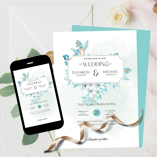 Invitation Hiver Turquoise Floral Impression ou Mariage numér (Créateur téléchargé)