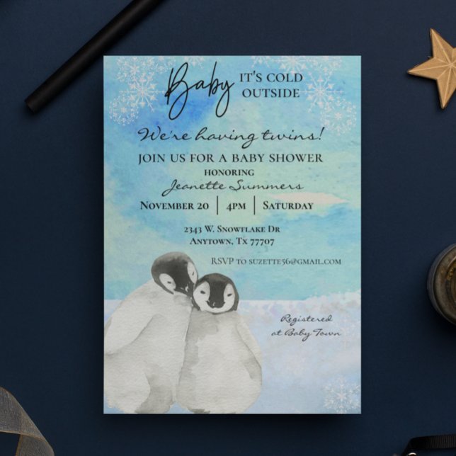 Invitation Hiver Twins Penguin Baby shower Froid dehors (Créateur téléchargé)