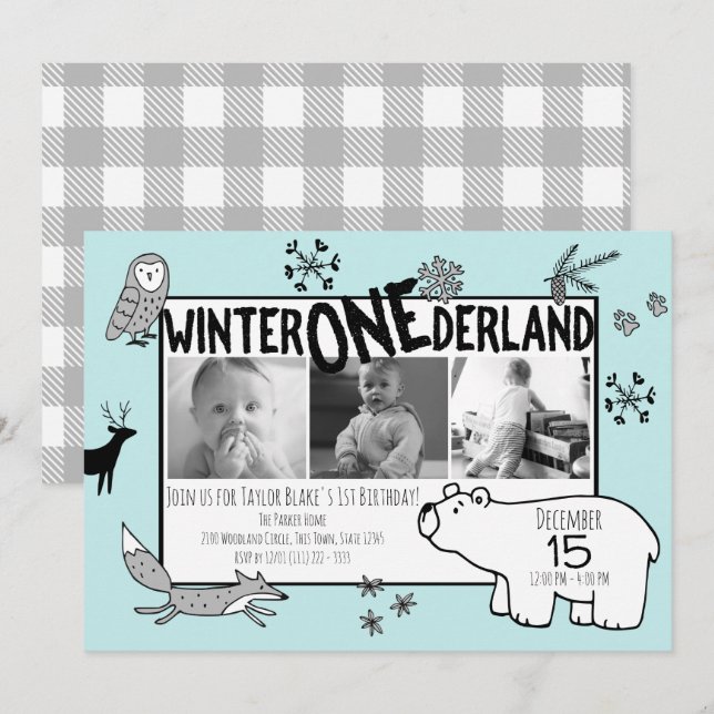 Invitation Hiver Un derland 1er anniversaire Tri Photo Woodla (Devant / Derrière)
