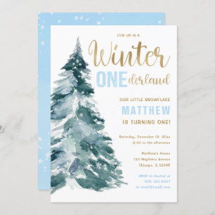 Invitation Hiver UN derland bleu or garçon 1er anniversaire