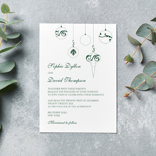 Invitation Hiver Vert Noël Bauble Ornements Mariage (Winter Wedding Christmas Baubles Wedding Invitation - Pine Green)