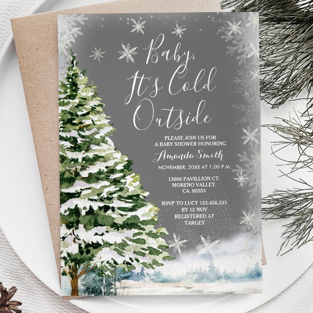 Invitation Hiver White Snowflakes Pine Trees Baby shower (Créateur téléchargé)