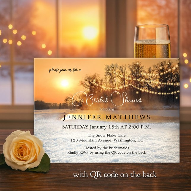 Invitation Hiver Wonderland String lights QR Fête des mariées (Bridal shower invitation showing a winter wonderland at sunset with sparkling snow and string lights)