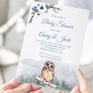 Invitation Hivernal Chouette à neige Baby shower bleu invité