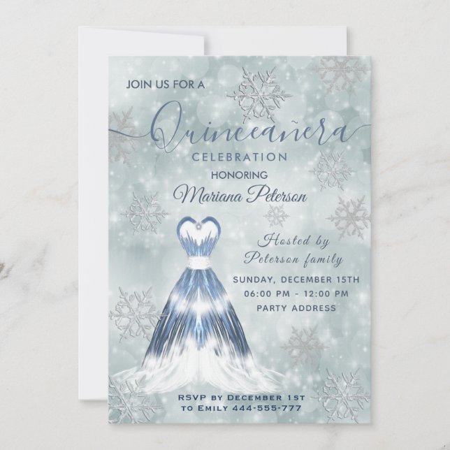 Invitation Hivernal merveilleux bleu poussiéreux Quinceañera (Devant)