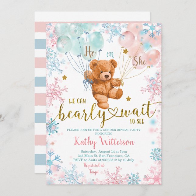 Invitation Hivernal Ours Sexe Révéler Baby shower bleu rose (Devant / Derrière)