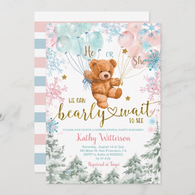 Invitation Hivernal Ours Sexe Révéler Baby shower Rose Bleu D (Devant / Derrière)