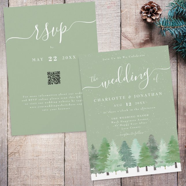 Invitation Hivernal Woodland Sage Green Mariage QR Code (Winter Woodland forest watercolor sage green and white wedding qr code invitation)