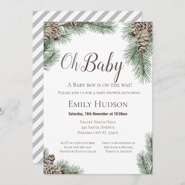 Invitation hivernale Pinecones - Baby shower (Devant / Derrière)