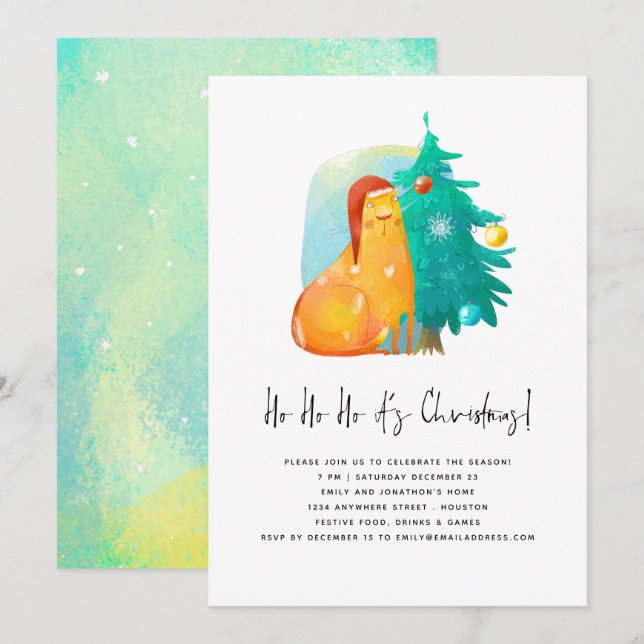 Invitation Ho Ho Ho Cute Cat Tree Fête de Noël (Devant / Derrière)