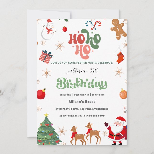Invitation Ho Ho Ho Noël Père Noël 3e fête d'anniversaire (Devant)