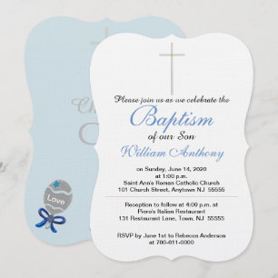 Invitation Hochet Bébé Croix de Baptême Bleu Gris