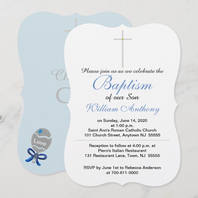Invitation Hochet Bébé Croix de Baptême Bleu Gris  (Devant / Derrière)