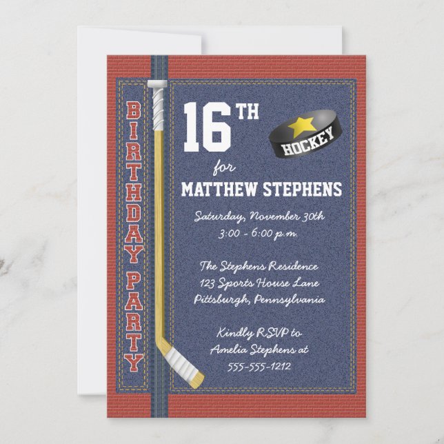 Invitation Hockey Denim Bricks Sport rustique Anniversaire (Devant)
