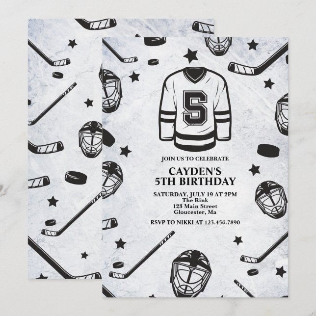 Invitation Hockey noir et blanc 5e anniversaire (Devant / Derrière)