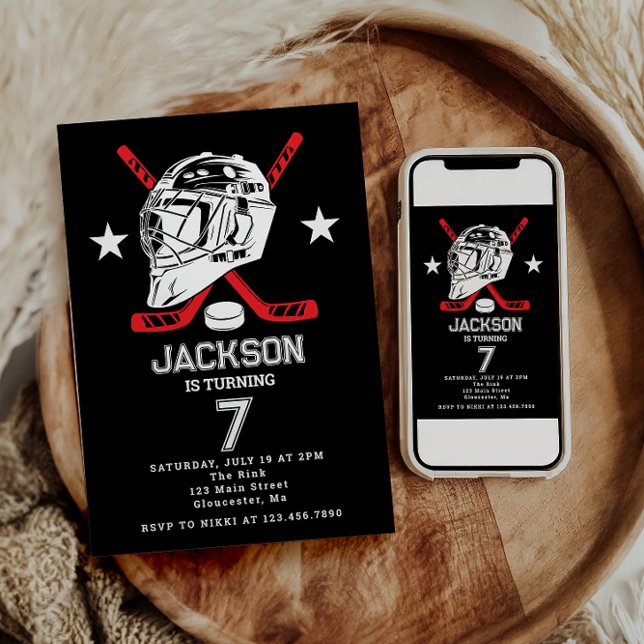 Invitation Hockey noir et blanc Anniversaire de enfant à thèm (Créateur téléchargé)
