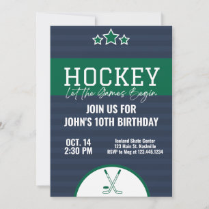 Invitation Hockey sur glace Anniversaire Bleu Green Stripe