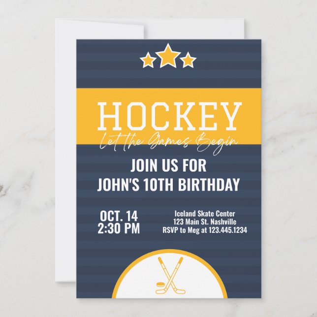 Invitation Hockey sur glace Anniversaire Bleu Jaune Bande (Devant)