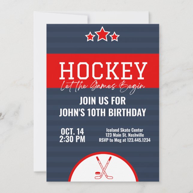 Invitation Hockey sur glace Anniversaire Bleu Rouge rayure (Devant)
