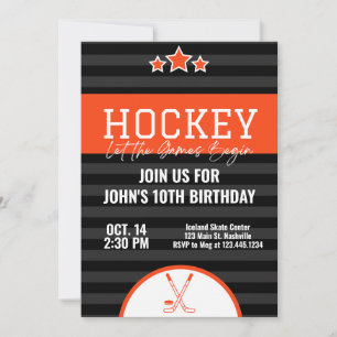 Invitation Hockey sur glace Anniversaire Orange Black Stripe