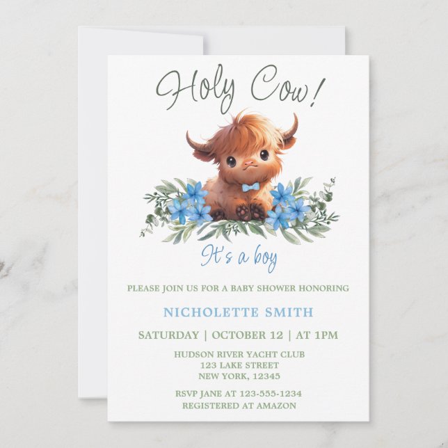 INVITATION HOCOW HIGHLAND BABY SHOWER BLEU MODERNE MODERNE (Devant)