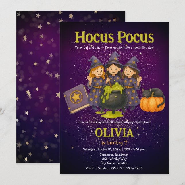 Invitation Hocus Pocus Halloween fête d'anniversaire (Devant / Derrière)