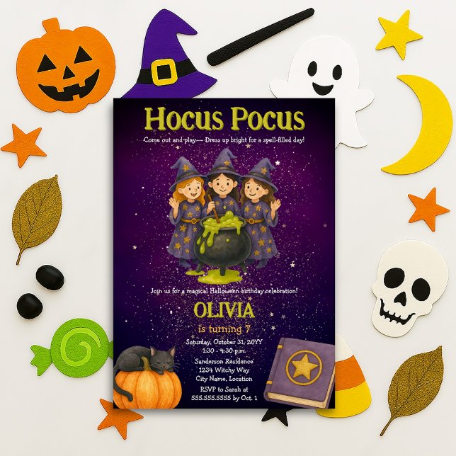 Invitation Hocus Pocus Halloween fête d'anniversaire (Hocus Pocus kids birthday / Halloween party invitation front)