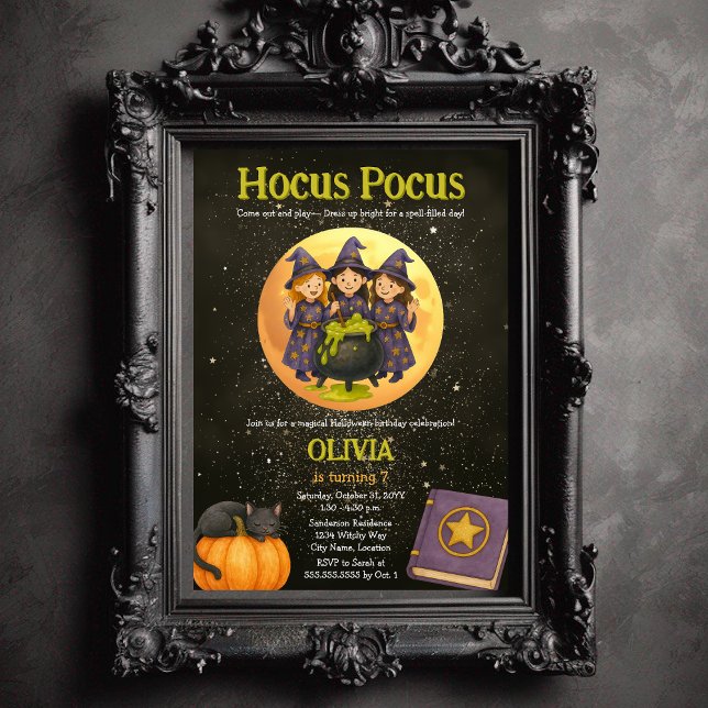 Invitation Hocus Pocus Halloween fête d'anniversaire (Three witches Hocus Pocus child's costume Halloween birthday party invitation)