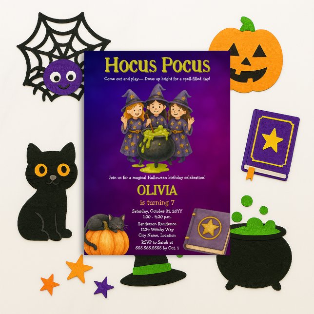 Invitation Hocus Pocus Halloween fête d'anniversaire (Three little witches Hocus Pocus Halloween birthday party invite)