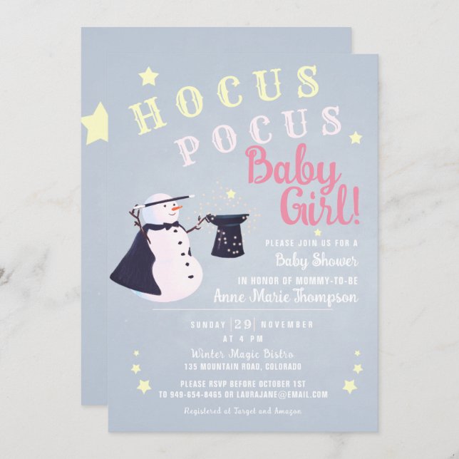 Invitation Hocus Pocus Magic Snowman Hiver Baby shower fille (Devant / Derrière)