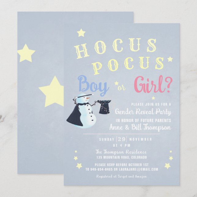 Invitation Hocus Pocus Magic Snowman hiver Révélation de genr (Devant / Derrière)