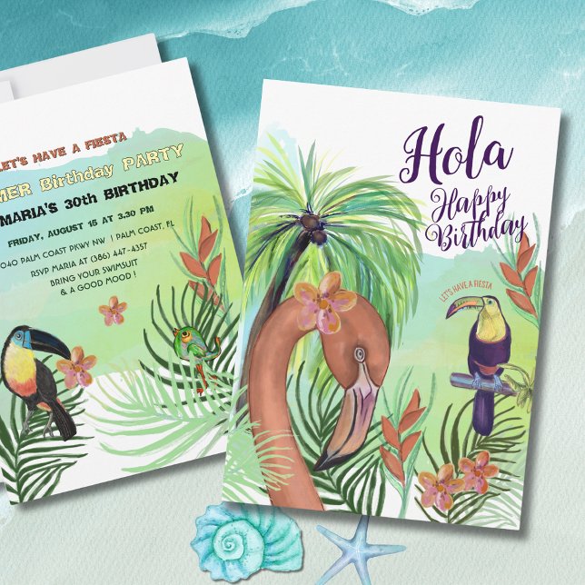 Invitation Hola Joyeux Anniversaire - Flamant rose tropical T (Hola Happy Birthday -Tropical Flamingo Toucan Invitation)